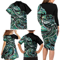 Maori Matariki - Manaia Family Matching Long Sleeve Bodycon Dress and Hawaiian Shirt Emerald Paua Shell