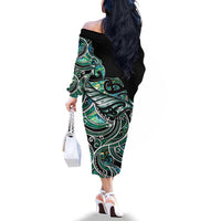 Maori Matariki - Manaia Family Matching Off The Shoulder Long Sleeve Dress and Hawaiian Shirt Emerald Paua Shell