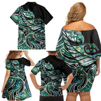 Maori Matariki - Manaia Family Matching Off Shoulder Short Dress and Hawaiian Shirt Emerald Paua Shell