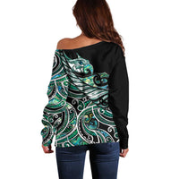 Maori Matariki - Manaia Off Shoulder Sweater Emerald Paua Shell