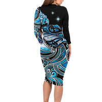Maori Matariki - Manaia Long Sleeve Bodycon Dress Galaxy Blue Paua Shell