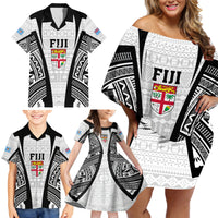 Personalised Fiji Rugby Family Matching Off Shoulder Short Dress and Hawaiian Shirt 2023 World Cup History Makers - White Ver LT7 - Polynesian Pride