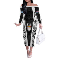 Personalised Fiji Rugby Family Matching Off Shoulder Long Sleeve Dress and Hawaiian Shirt 2023 World Cup History Makers - Black Ver LT7 Mom's Dress Black - Polynesian Pride