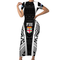 Personalised Fiji Rugby Family Matching Short Sleeve Bodycon Dress and Hawaiian Shirt 2023 World Cup History Makers - Black Ver LT7 Mom's Dress Black - Polynesian Pride