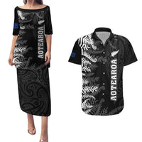Personalised New Zealand Rugby Couples Matching Puletasi Dress and Hawaiian Shirt Silver Fern Basic 2023 World Cup LT7 Black - Polynesian Pride