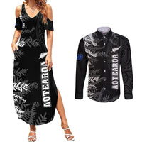 Personalised New Zealand Rugby Couples Matching Summer Maxi Dress and Long Sleeve Button Shirts Silver Fern Basic 2023 World Cup LT7 Black - Polynesian Pride