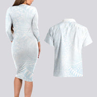 White Sunday Couples Matching Long Sleeve Bodycon Dress and Hawaiian Shirt Plumeria Tatau Mix Tapa LT7 - Polynesian Pride