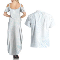 White Sunday Couples Matching Summer Maxi Dress and Hawaiian Shirt Plumeria Tatau Mix Tapa