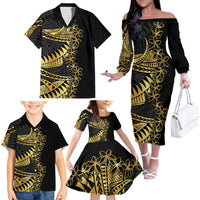 Polynesia Family Matching Off The Shoulder Long Sleeve Dress and Hawaiian Shirt Black & Gold Fancy Plumeria LT7 - Polynesian Pride