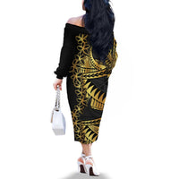 Polynesia Family Matching Off The Shoulder Long Sleeve Dress and Hawaiian Shirt Black & Gold Fancy Plumeria LT7 - Polynesian Pride
