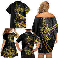 Polynesia Family Matching Off Shoulder Short Dress and Hawaiian Shirt Black & Gold Fancy Plumeria