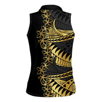 Polynesia Women Sleeveless Polo Shirt Black & Gold Fancy Plumeria