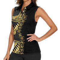 Polynesia Women Sleeveless Polo Shirt Black & Gold Fancy Plumeria