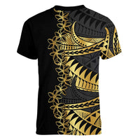 Polynesia Women V-Neck T-Shirt Black & Gold Fancy Plumeria