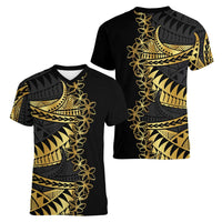 Polynesia Women V-Neck T-Shirt Black & Gold Fancy Plumeria