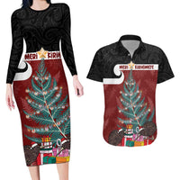 Personalised New Zealand Maori Christmas Couples Matching Long Sleeve Bodycon Dress and Hawaiian Shirt Xmas Fern Mix Kowhawhai LT7 Black - Polynesian Pride