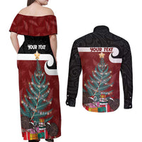 Personalised New Zealand Maori Christmas Couples Matching Off Shoulder Maxi Dress and Long Sleeve Button Shirt Xmas Fern Mix Kowhawhai