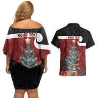 Personalised New Zealand Maori Christmas Couples Matching Off Shoulder Short Dress and Hawaiian Shirt Xmas Fern Mix Kowhawhai LT7 - Polynesian Pride