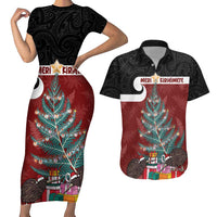 Personalised New Zealand Maori Christmas Couples Matching Short Sleeve Bodycon Dress and Hawaiian Shirt Xmas Fern Mix Kowhawhai LT7 Black - Polynesian Pride