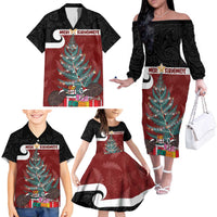 Personalised New Zealand Maori Christmas Family Matching Off The Shoulder Long Sleeve Dress and Hawaiian Shirt Xmas Fern Mix Kowhawhai LT7 - Polynesian Pride
