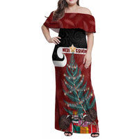 Personalised New Zealand Maori Christmas Family Matching Off Shoulder Maxi Dress and Hawaiian Shirt Xmas Fern Mix Kowhawhai LT7 Mom's Dress Black - Polynesian Pride