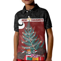 Personalised New Zealand Maori Christmas Kid Polo Shirt Xmas Fern Mix Kowhawhai LT7 Kid Black - Polynesian Pride
