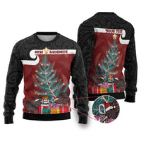 Personalised New Zealand Maori Christmas Ugly Christmas Sweater Xmas Fern Mix Kowhawhai LT7 Black - Polynesian Pride