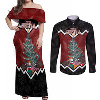 Personalised New Zealand Christmas Couples Matching Off Shoulder Maxi Dress and Long Sleeve Button Shirt Xmas Fern and Kiwi Birds LT7 Black - Polynesian Pride