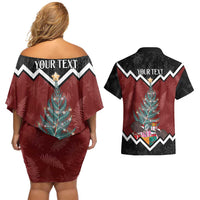 Personalised New Zealand Christmas Couples Matching Off Shoulder Short Dress and Hawaiian Shirt Xmas Fern and Kiwi Birds LT7 - Polynesian Pride