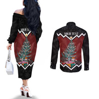 Personalised New Zealand Christmas Couples Matching Off The Shoulder Long Sleeve Dress and Long Sleeve Button Shirt Xmas Fern and Kiwi Birds LT7 - Polynesian Pride
