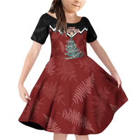 Personalised New Zealand Christmas Family Matching Off Shoulder Short Dress and Hawaiian Shirt Xmas Fern and Kiwi Birds LT7 Daughter's Dress Black - Polynesian Pride