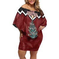 Personalised New Zealand Christmas Off Shoulder Short Dress Xmas Fern and Kiwi Birds LT7 Women Black - Polynesian Pride