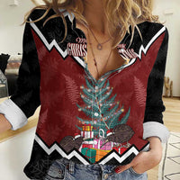 Personalised New Zealand Christmas Women Casual Shirt Xmas Fern and Kiwi Birds LT7 Female Black - Polynesian Pride