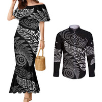 Aotearoa Personalized Lawn Bowls Maori Couples Matching Mermaid Dress and Long Sleeve Button Shirt New Zealand Black Tribal Silver Fern LT7 Black - Polynesian Pride