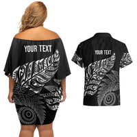 Aotearoa Personalized Lawn Bowls Maori Couples Matching Off Shoulder Short Dress and Hawaiian Shirt New Zealand Black Tribal Silver Fern LT7 - Polynesian Pride