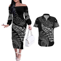 Aotearoa Personalized Lawn Bowls Maori Couples Matching Off The Shoulder Long Sleeve Dress and Hawaiian Shirt New Zealand Black Tribal Silver Fern LT7 Black - Polynesian Pride