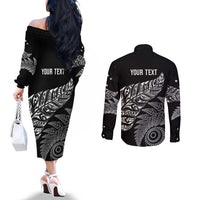 Aotearoa Personalized Lawn Bowls Maori Couples Matching Off The Shoulder Long Sleeve Dress and Long Sleeve Button Shirt New Zealand Black Tribal Silver Fern LT7 - Polynesian Pride