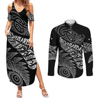 Aotearoa Personalized Lawn Bowls Maori Couples Matching Summer Maxi Dress and Long Sleeve Button Shirt New Zealand Black Tribal Silver Fern LT7 Black - Polynesian Pride