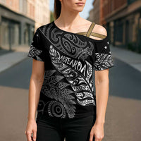 Aotearoa Personalized Lawn Bowls Maori Cross Shoulder Shirt New Zealand Black Tribal Silver Fern - Polynesian Pride