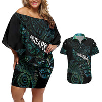 Aotearoa Personalized Lawn Bowls Maori Couples Matching Off Shoulder Short Dress and Hawaiian Shirt New Zealand Paua Shell Tribal Silver Fern LT7 Green - Polynesian Pride