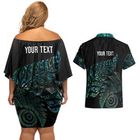 Aotearoa Personalized Lawn Bowls Maori Couples Matching Off Shoulder Short Dress and Hawaiian Shirt New Zealand Paua Shell Tribal Silver Fern LT7 - Polynesian Pride