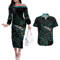 Aotearoa Personalized Lawn Bowls Maori Couples Matching Off The Shoulder Long Sleeve Dress and Hawaiian Shirt New Zealand Paua Shell Tribal Silver Fern LT7 Green - Polynesian Pride