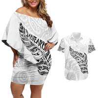 Aotearoa Personalized Lawn Bowls Maori Couples Matching Off Shoulder Short Dress and Hawaiian Shirt New Zealand White Tribal Silver Fern LT7 White - Polynesian Pride