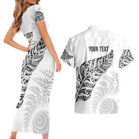 Aotearoa Personalized Lawn Bowls Maori Couples Matching Short Sleeve Bodycon Dress and Hawaiian Shirt New Zealand White Tribal Silver Fern LT7 - Polynesian Pride