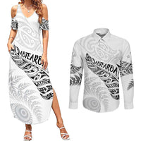 Aotearoa Personalized Lawn Bowls Maori Couples Matching Summer Maxi Dress and Long Sleeve Button Shirt New Zealand White Tribal Silver Fern LT7 White - Polynesian Pride