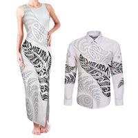 Aotearoa Personalized Lawn Bowls Maori Couples Matching Tank Maxi Dress and Long Sleeve Button Shirt New Zealand White Tribal Silver Fern LT7 White - Polynesian Pride