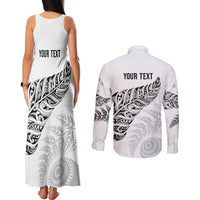 Aotearoa Personalized Lawn Bowls Maori Couples Matching Tank Maxi Dress and Long Sleeve Button Shirt New Zealand White Tribal Silver Fern LT7 - Polynesian Pride