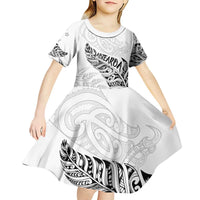 Aotearoa Personalized Lawn Bowls Maori Kid Short Sleeve Dress New Zealand White Tribal Silver Fern - Polynesian Pride