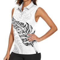 Aotearoa Personalized Lawn Bowls Maori Women Sleeveless Polo Shirt New Zealand White Tribal Silver Fern LT7 - Polynesian Pride