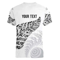 Aotearoa Personalized Lawn Bowls Maori Women V-Neck T-Shirt New Zealand White Tribal Silver Fern LT7 - Polynesian Pride